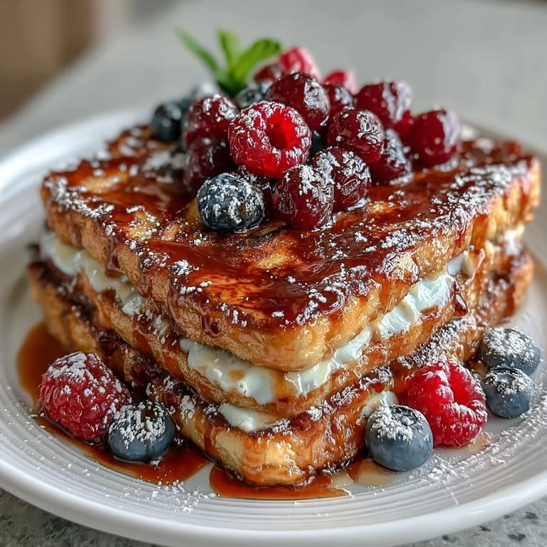 Fluffy pancake slices baked in a rich custard with juicy berries, making a comforting breakfast centerpiece for Mother's Day.