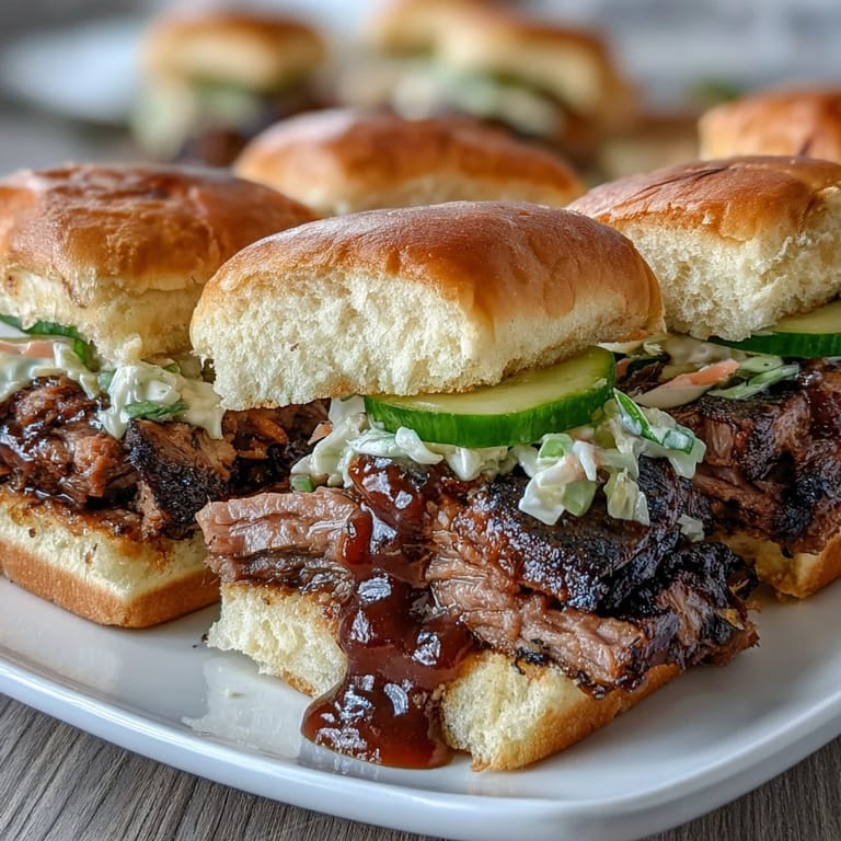 Savory BBQ brisket sliders topped with tangy coleslaw and pickles, ready to delight guests at any baby shower gathering.