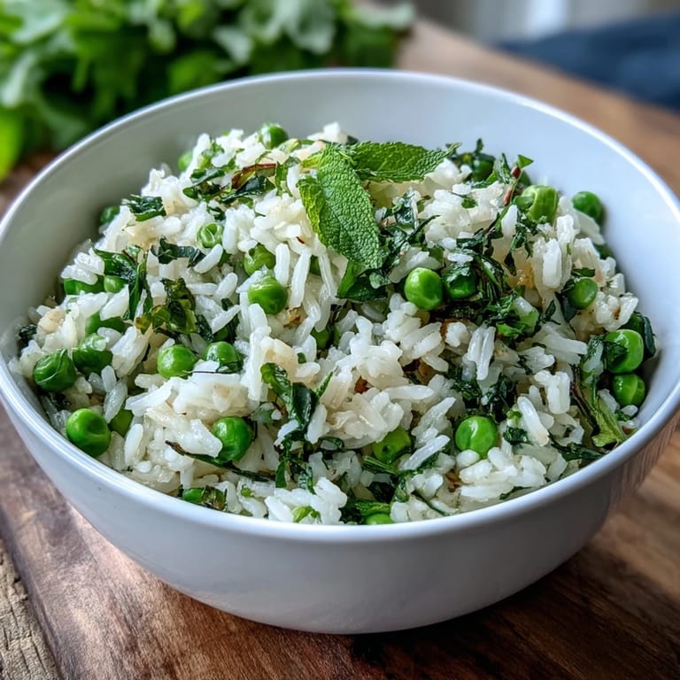 Creamy rice pilaf bursting with sweet spring peas, fresh mint, and bright lemon zest, perfect alongside roasted meats or vegetables.