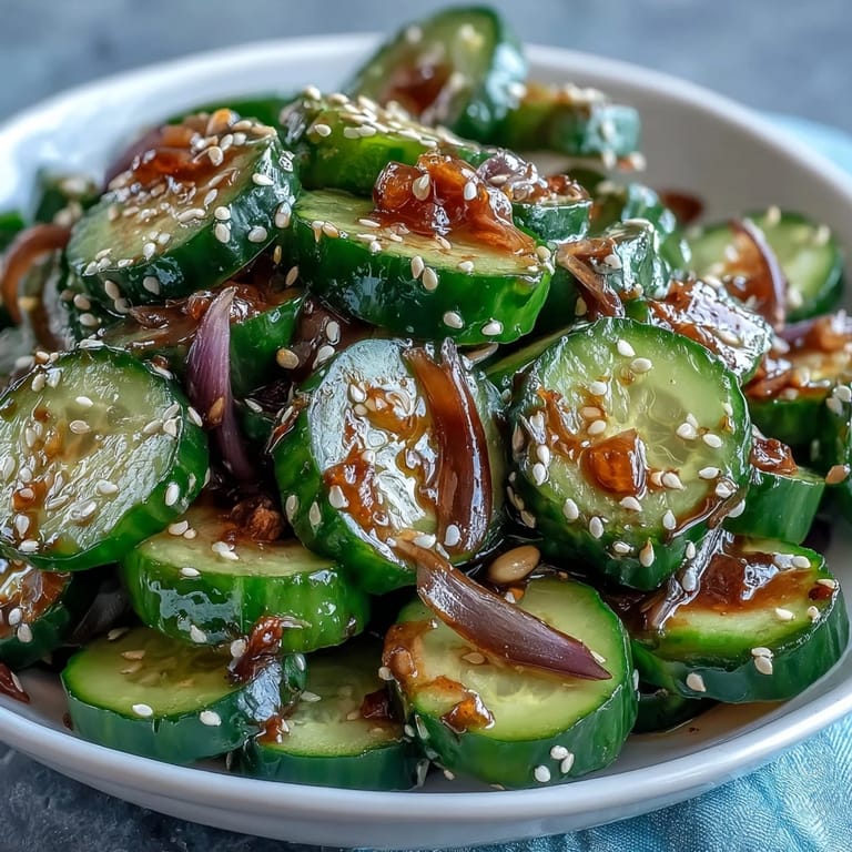 Vibrant Asian cucumber salad with sesame and rice vinegar, offering a crisp, flavorful bite