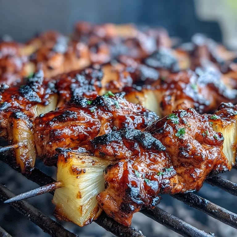 Sweet and smoky grilled pineapple chicken skewers featuring tender chicken, colorful bell peppers, and juicy pineapple caramelized to perfection.