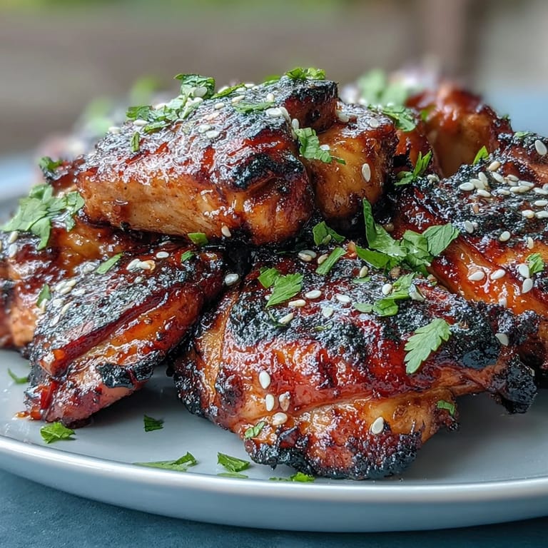 Close-up of honey sriracha glazed chicken thighs on a white plate, garnished with sesame seeds and fresh herbs.