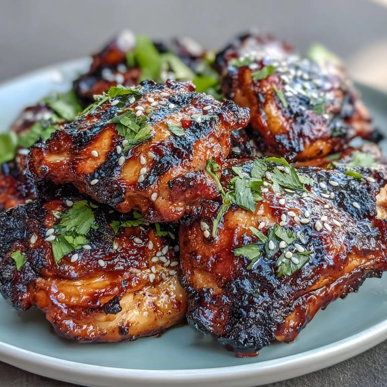 Sweet and spicy honey sriracha chicken thighs grilled to juicy perfection, served with fresh cilantro and lime wedges.  