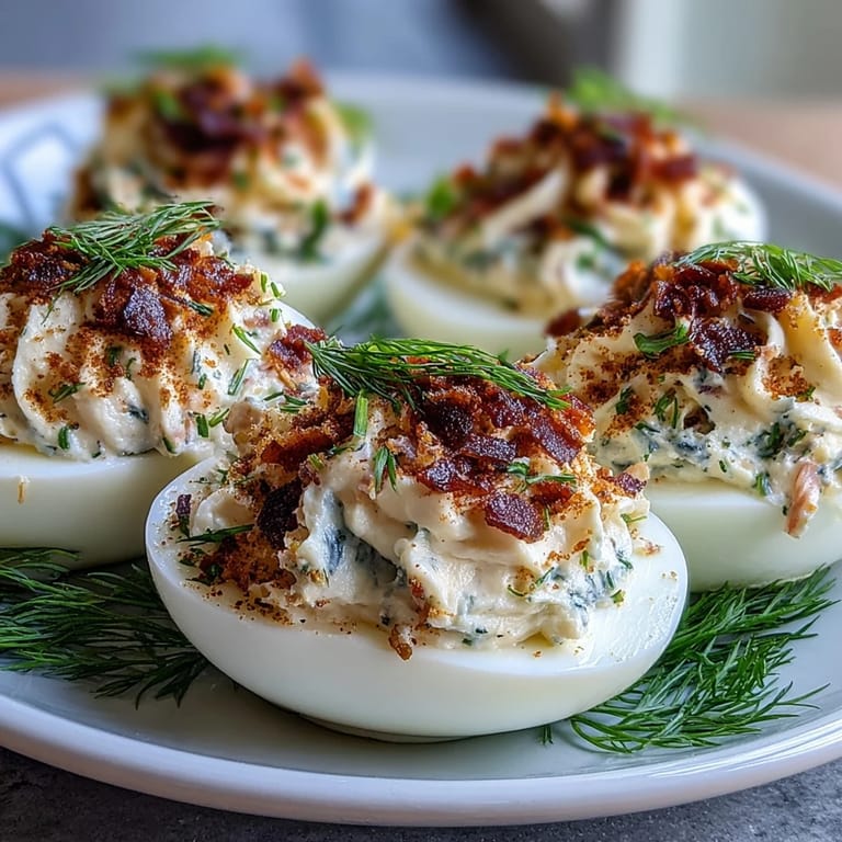 Creamy deviled eggs filled with smoked salmon and chives, garnished with everything bagel seasoning for a brunch favorite.