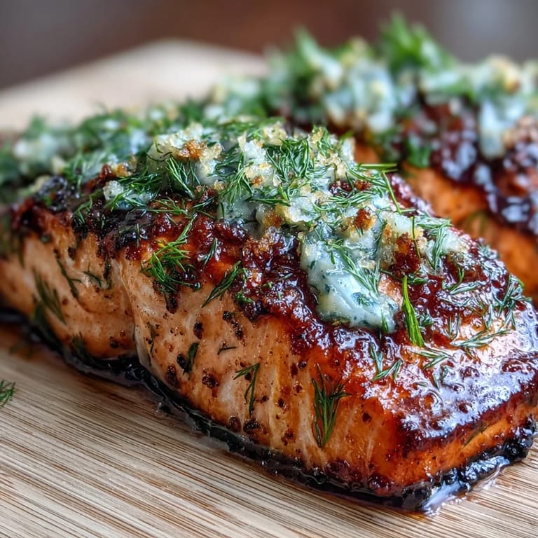Garlic Dill Cedar Plank Salmon fillets with fresh herbs and lemon, served on smoky cedar for a summer barbecue.