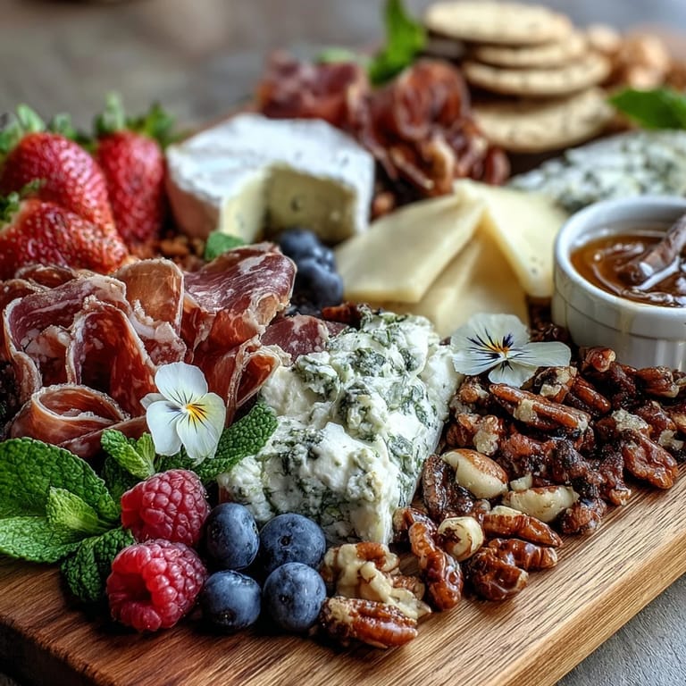 Beautiful spring charcuterie board with edible flowers, fruits, and cheeses, perfect for a gluten-free, visually striking appetizer.
