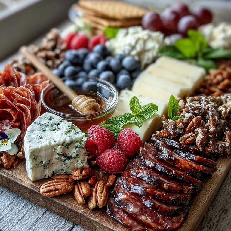 Elegant charcuterie board featuring cured meats, cheeses, fresh berries, and edible flowers for a stunning spring gathering display.  