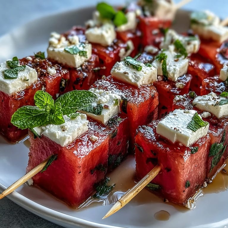 Refreshing Watermelon Feta Mint Skewers: Perfect party snack with sweet melon, tangy cheese, and aromatic herbs.  