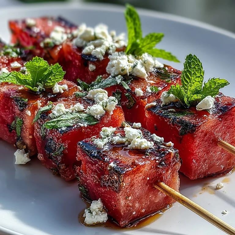 Vibrant Watermelon Feta Mint Skewers: Mediterranean-inspired appetizer featuring chilled watermelon cubes, feta, and mint on wooden picks.