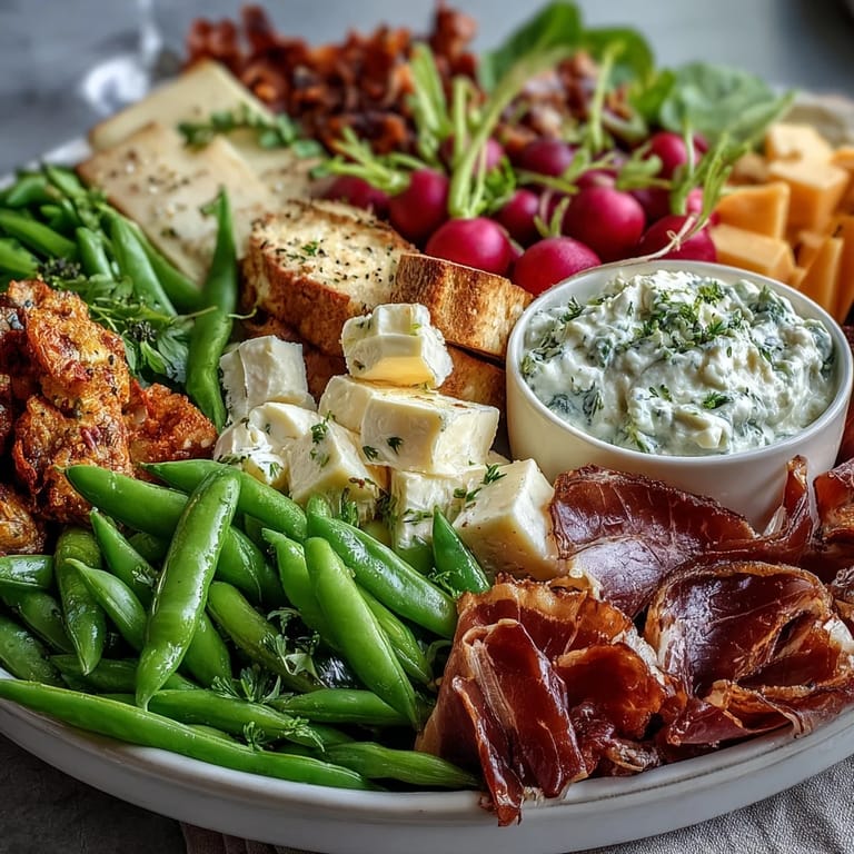 Colorful spring charcuterie board with radishes, peas, herb dip, and assorted meats, ideal for a fresh and vibrant appetizer display.