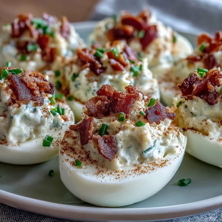 Creamy deviled eggs infused with ranch dressing, topped with smoky bacon bits and a sprinkle of paprika for festive flavor.
