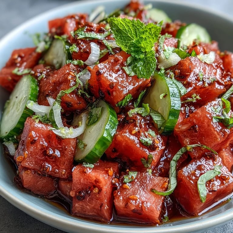 Enjoy this easy watermelon cucumber salad with a hint of Tajin spice.