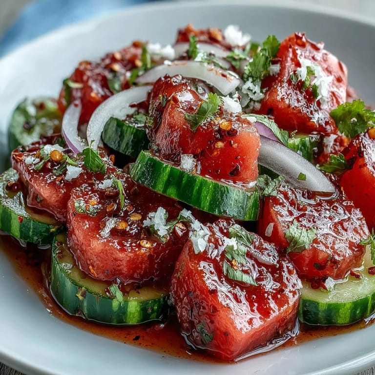 Juicy watermelon cucumber salad with Tajin and lime, perfectly refreshing.