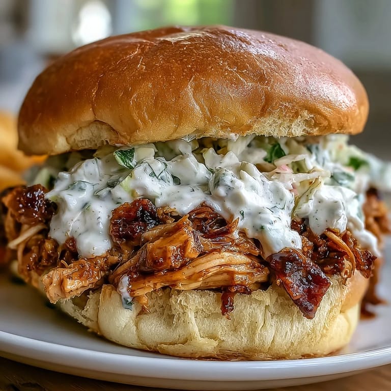 Juicy smoked pulled chicken piled high on buns with tangy white BBQ sauce.