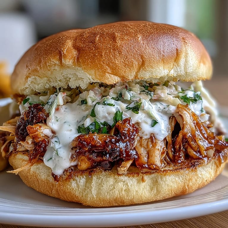 Deliciously seasoned smoked pulled chicken sandwiches topped with creamy white BBQ sauce.