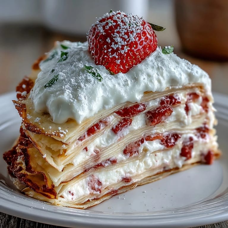 Slice of Mother's Day Crêpe Cake showcasing creamy strawberry goodness.