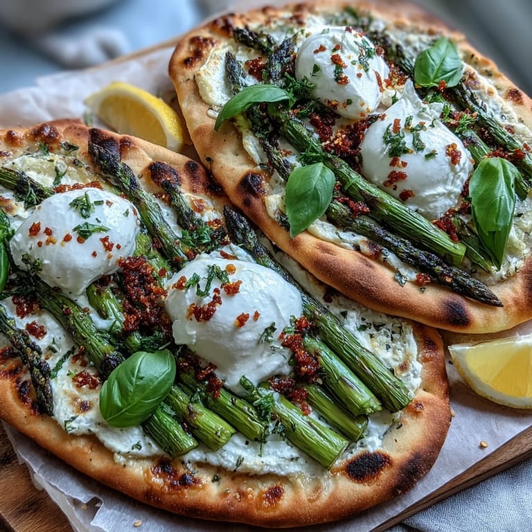 Close-up of Roasted Asparagus Flatbread topped with melted burrata cheese.