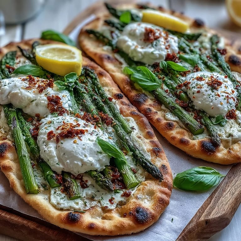 Delectable Roasted Asparagus Flatbread with Burrata, perfect for a light appetizer.