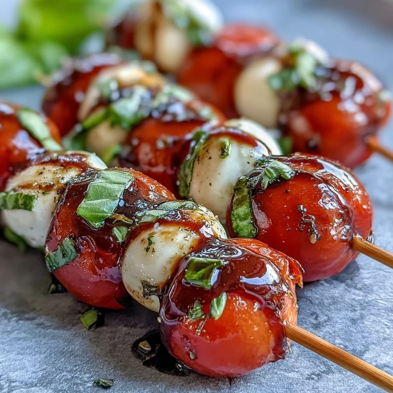 Bright, refreshing mini Caprese skewers drizzled with sweet balsamic glaze.