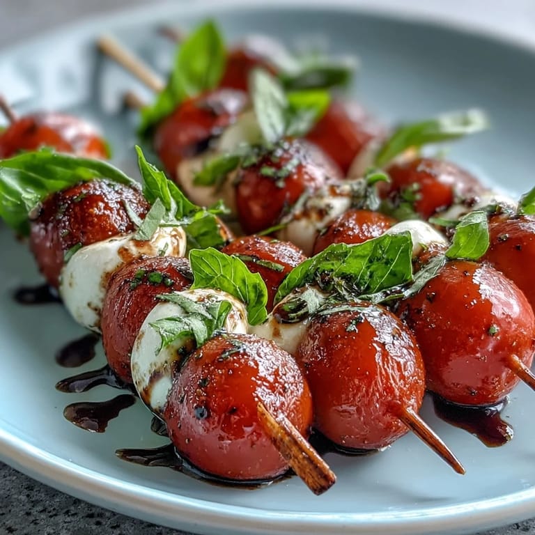 Easy mini Caprese salad skewers, a vibrant Italian appetizer on toothpicks.