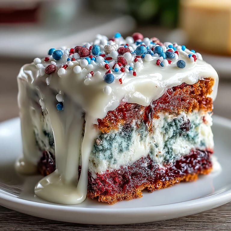 Delicious Patriotic Poke Cake made with white chocolate ganache, perfect for holiday gatherings.
