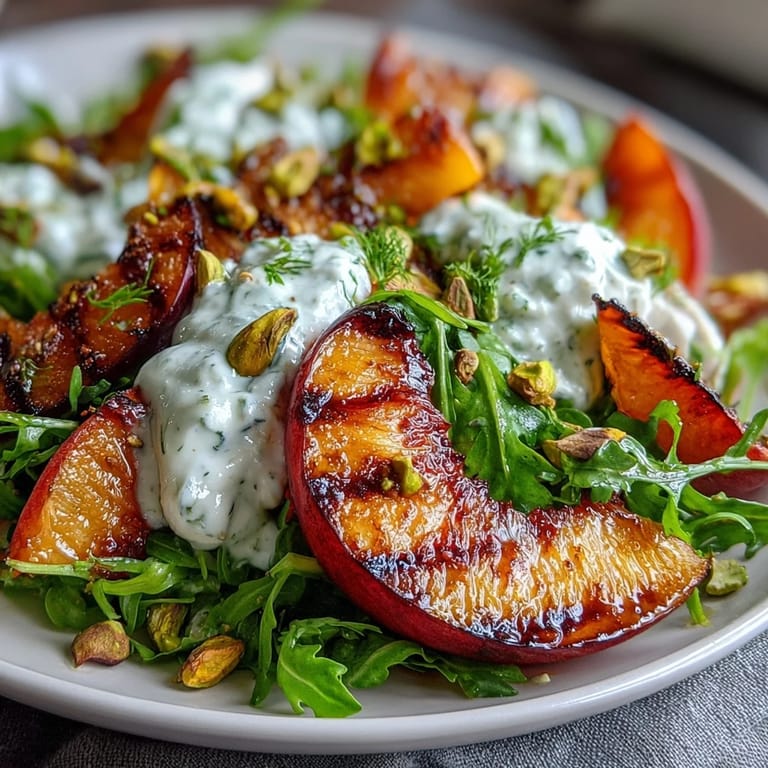 Juicy caramelized grilled peaches and luscious burrata create a delightful easy summer salad.