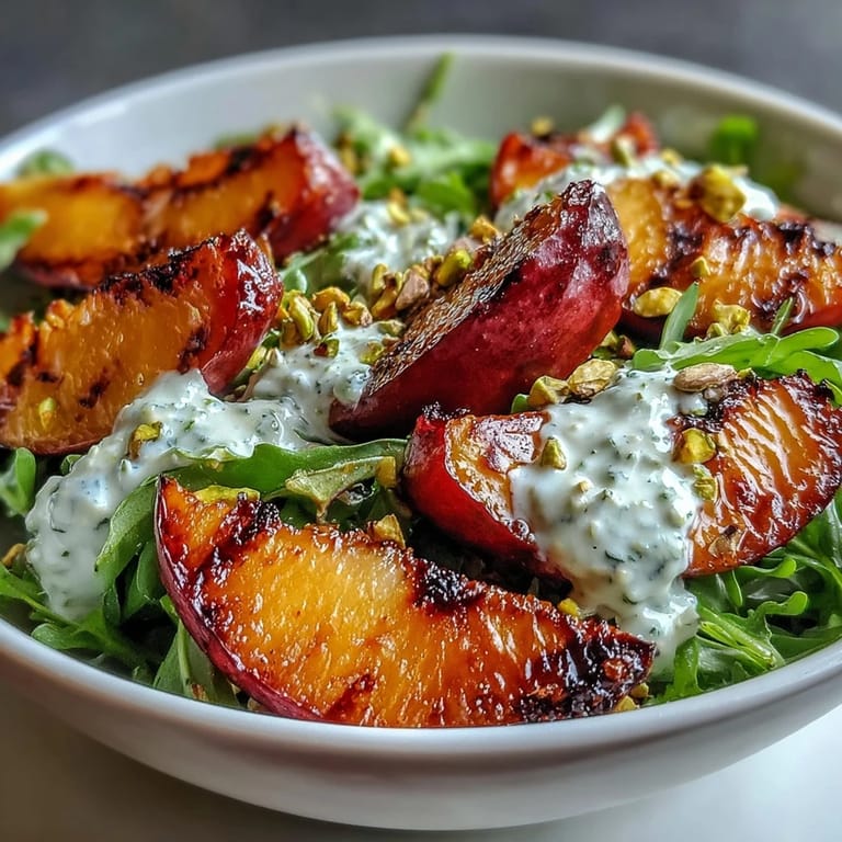 A stunning visual of grilled peach and burrata salad, drizzled with honey dressing.