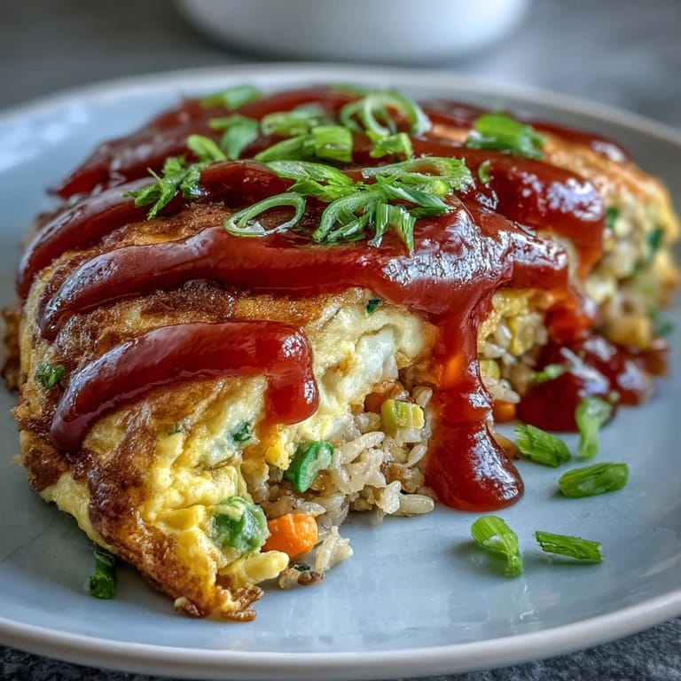 Hearty Japanese Omurice, perfectly plated with a glossy ketchup drizzle and tender rice.