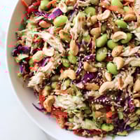 Bright green edamame and crisp shredded vegetables mingle with tender chicken in this vibrant Edamame Crunch Chicken Salad. 
