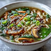 A bowl of warm miso ginger winter soup garnished with toasted sesame seeds, fresh cilantro, and chili oil, served alongside a pair of chopsticks.