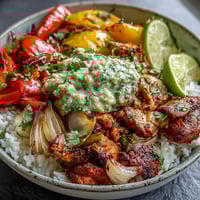 Sheet Pan Chicken Tinga Bowl with smoky chipotle chicken and roasted peppers on fluffy rice.