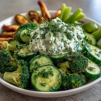 A vibrant green snack board with cucumber, snap peas, and avocado ranch dip for healthy entertaining.