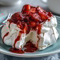 Strawberry pavlova with whipped cream, fresh berries, and mint on a white plate, perfect for elegant gatherings.