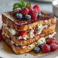 A golden pancake casserole layered with fresh berries and creamy custard, ideal for a festive Mothers Day brunch.