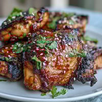 Honey sriracha grilled chicken thighs sizzling on a barbecue with a glossy, caramelized glaze and grill marks.  