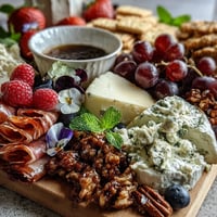 Spring charcuterie board with edible flowers and fruits arranged in colorful, elegant clusters for a vibrant seasonal appetizer.  