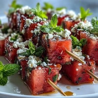 Watermelon Feta Mint Skewers: Colorful summer appetizer with juicy watermelon, creamy feta, and fresh mint leaves on skewers.  