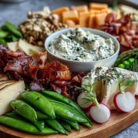 Vibrant spring charcuterie board with radishes, peas, and herb dip, perfect for light entertaining and fresh gatherings.
