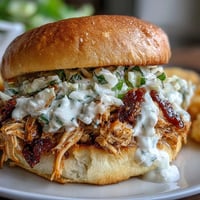 Tender smoked pulled chicken sandwich with creamy white Alabama BBQ sauce.